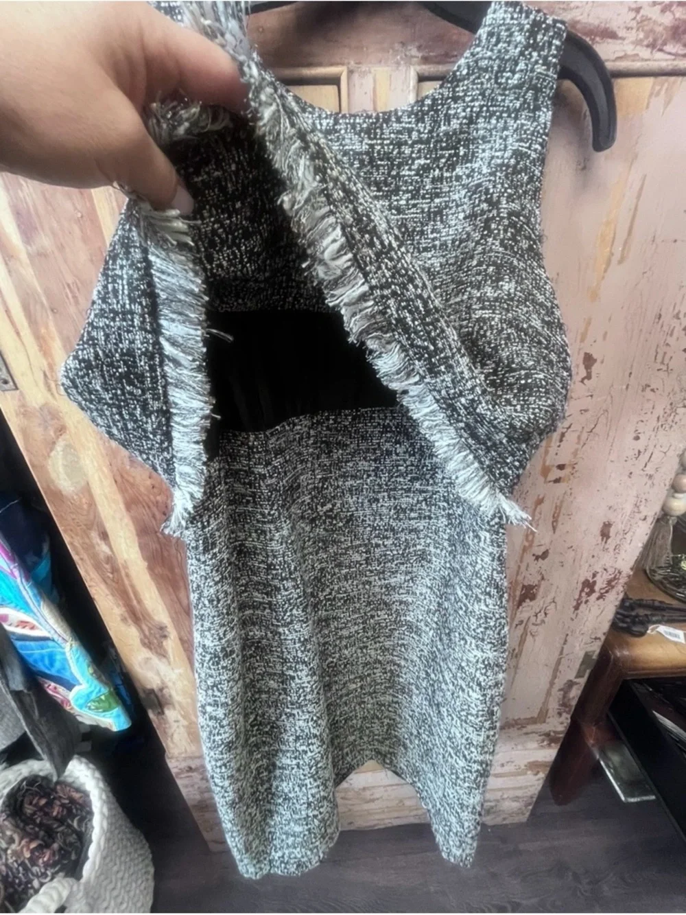 Sleeveless Tweed Shift Dress in Black and White - Picture 4 of 4